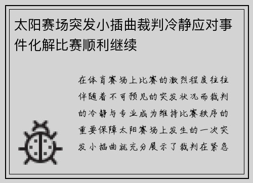 太阳赛场突发小插曲裁判冷静应对事件化解比赛顺利继续