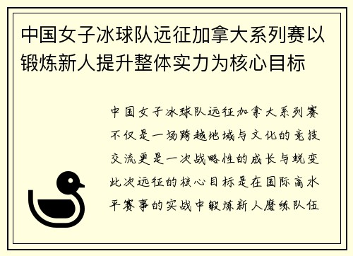 中国女子冰球队远征加拿大系列赛以锻炼新人提升整体实力为核心目标